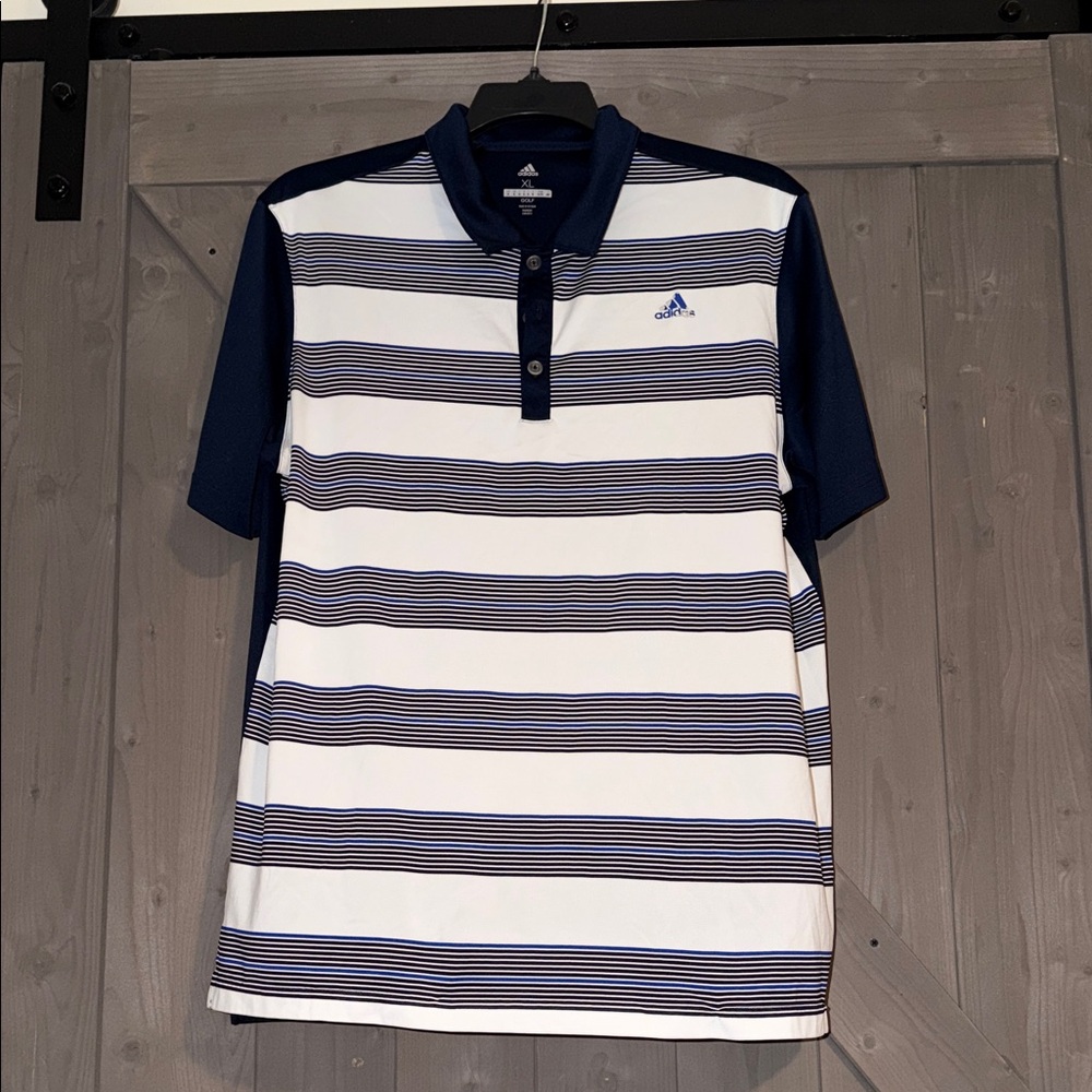 Adidas Men's Polo Shirt with Navy and White Stripes